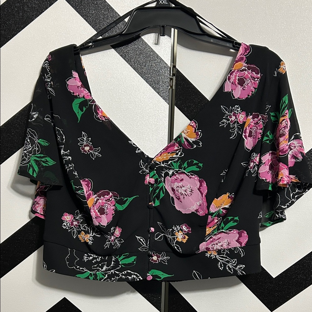Torrid Black Floral Blouse with Ruffle Sleeves